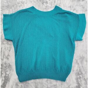 Vintage Adele Knitwear Sweater Womens M Blue Reversible V-Neck Bow Short Sleeves